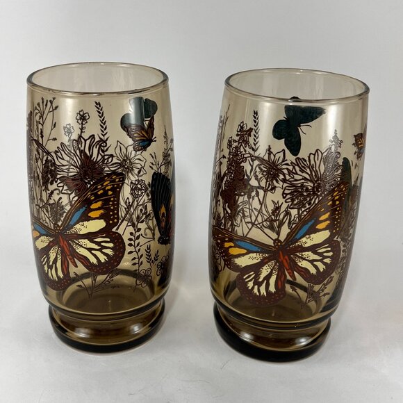 Vtg Libbey Butterfly Meadow Garden Footed Smokey Glassware 12 oz Barware Retro - Picture 1 of 16